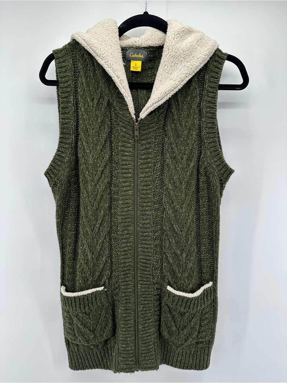 Cabela's Olive Green Cable Knit Sherpa Hood Vest size L